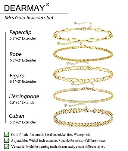 5-piece gold bracelet set with paperclip, rope, figaro, herringbone, and cuban designs