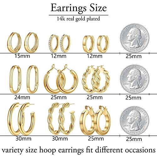 Gold hoop earrings size chart with US quarters for scale.