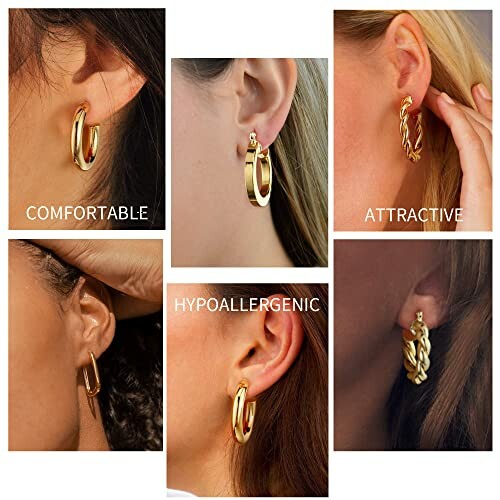 Various styles of gold hoop earrings on ears.